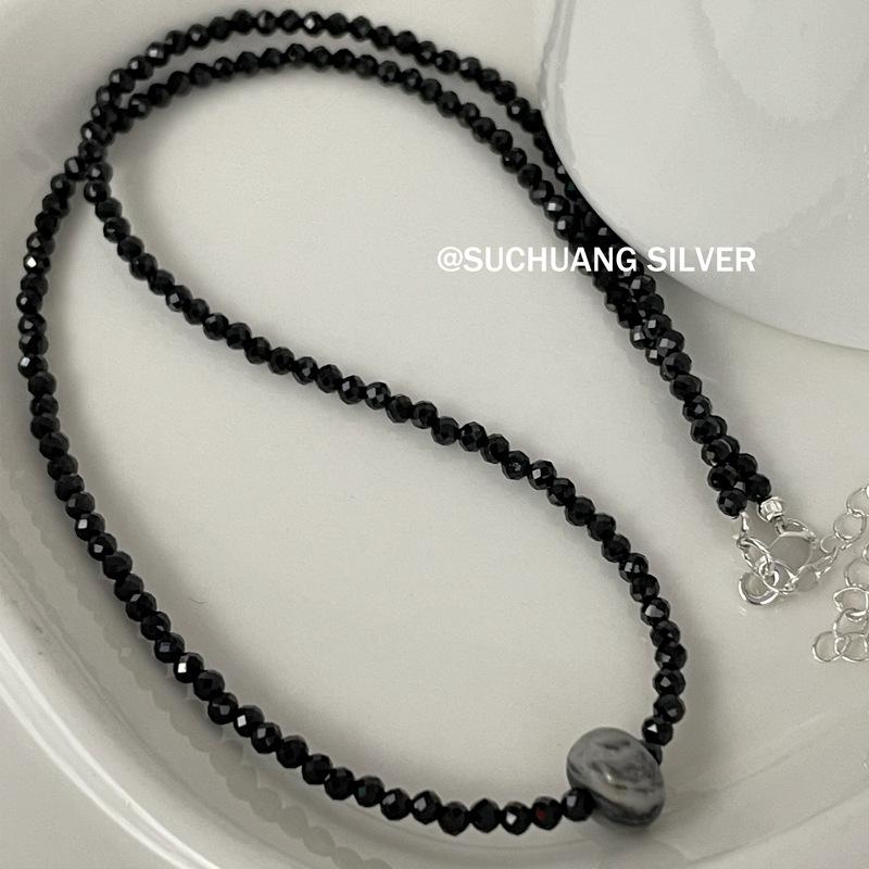 S925 Sterling Silver Black Spinel & Gray Stone Beaded Necklace - Sweet Cool High-End Layered Clavicle Chain for Girls
