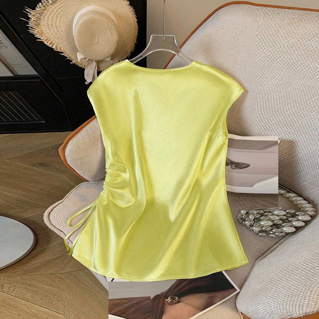 Damen Freizeit Satin V-Ausschnitt Tunnelzug Hemd Top
