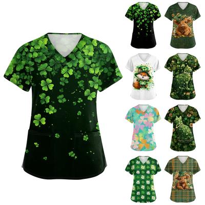 Damen V-Ausschnitt St. Patrick's Day Bedrucktes Kurzarm-Schutzanzug-Oberteil mit Tasche und Seitenschlitzen