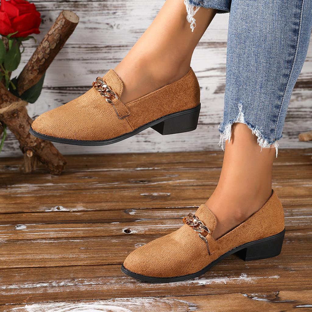 Comfortable Chunky Heel Slip-on Shoes For Women With Stylish Metal Chain Design