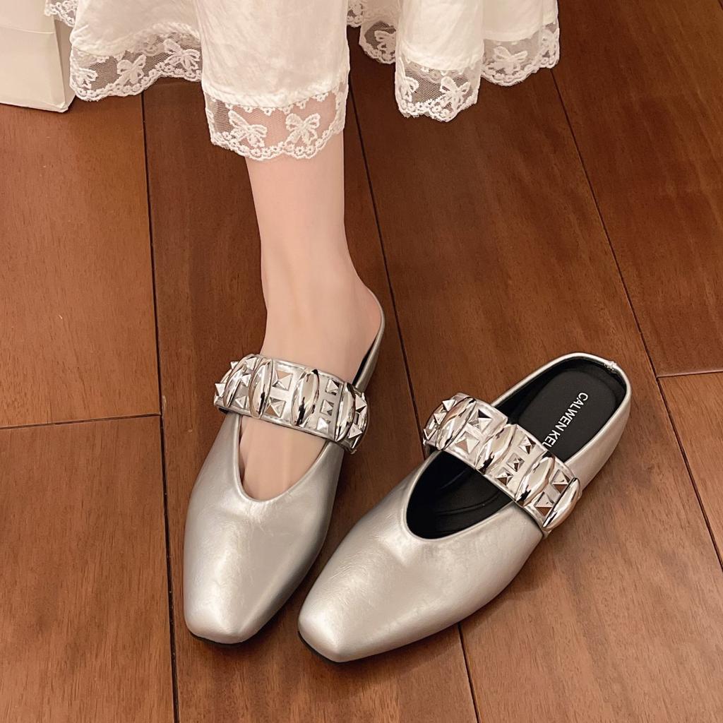 2025 New Half-tray Cool Slippers Bag Head French Silver Skirt Half-slippers Women's Summer Outer Wear Inner Height Increase Super Fire Match