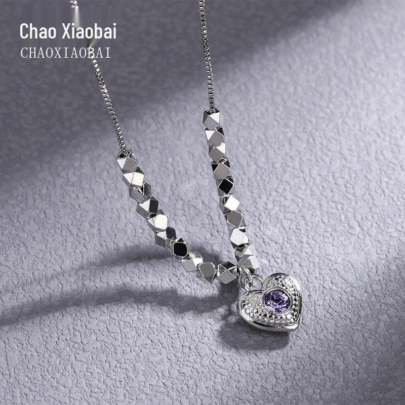 

S925 Sterling Silver Heart Pendant Necklace - Korean Clavicle Chain for Women, Simple Student Accessory with Celebrity Style платиновый/фиолетовый