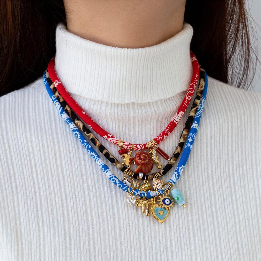 Gold Color Heart Bow Evil Eye Fish Star Pendant Necklace for Women Bohemian Style Colorful Cloth Choker Summer Beach Jewelry