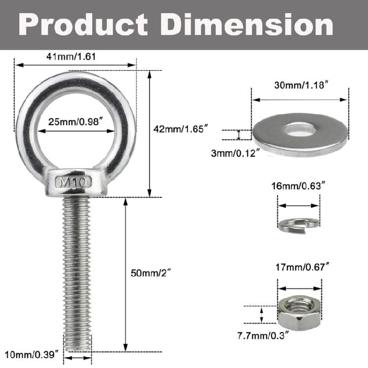 5Pcs Heavy Duty Threaded Rings Screw Eyebolts Stainless Steels Eye Bolts with Nut 10x50mm Long Shoulder Lifting Eye Bolt