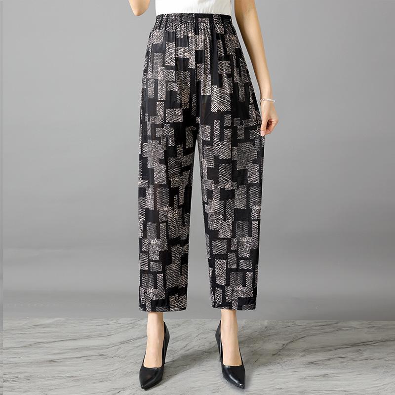 Letnie spodnie damskie Harem z nadrukiem z lodowego jedwabiu - Chłodne, Codzienne, Proste nogawki