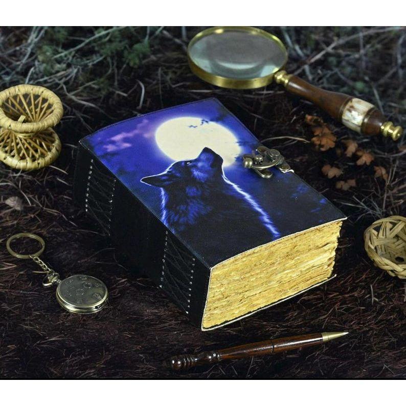 

400 Page Large Wolf Vintage Leather Journal Grimoire Journal Wolf Handmade Journal Blank Spell Book of Shadows Gifts for Him Her 7 x 5 in