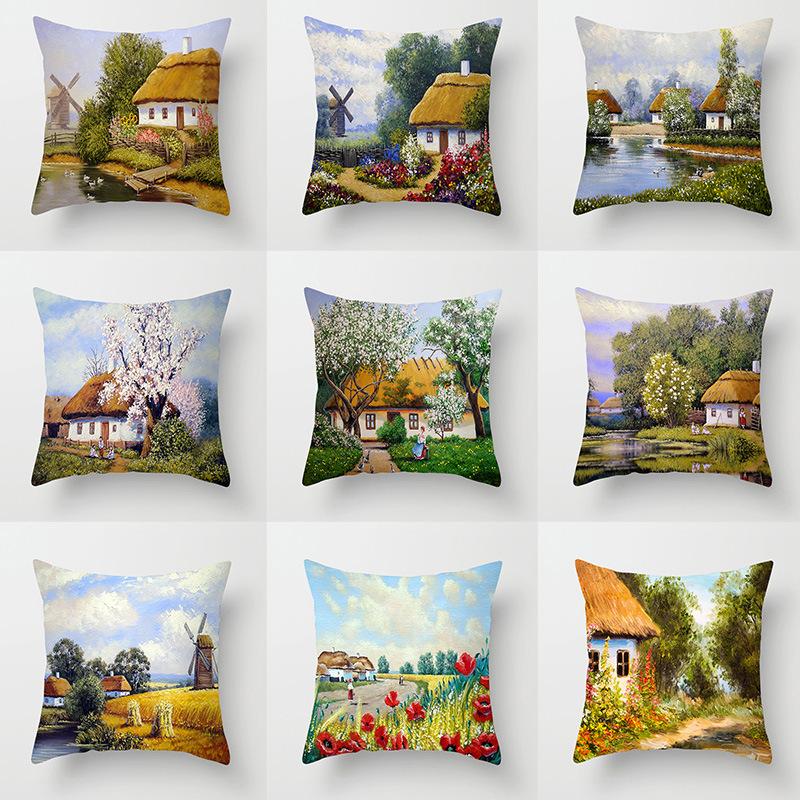 

New American Country Oil Painting Landscape Pillow Case Sofa Cushion Car Office Pillow Case 45X45