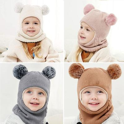 Double Plush Ball Children One Piece Scarf Cap Cute Baby Ear Protection Hat 1-6year Kids Hooded Beanies Winter Warm Neckerchief