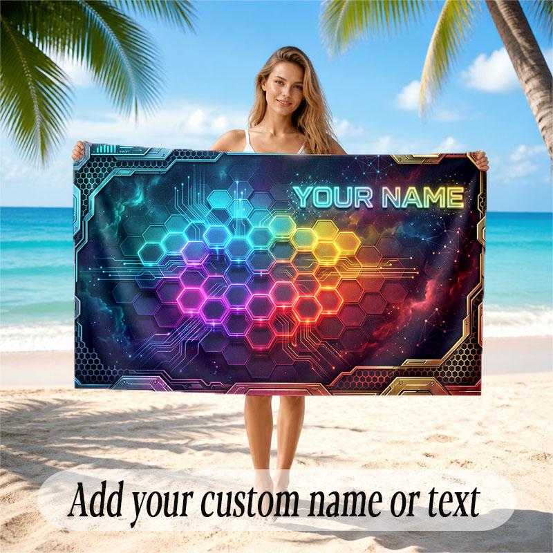 Abstract Geometric Theme Soft Beach Towel Personalized Custom Name Text Towel Portable for Beach Pool Travel