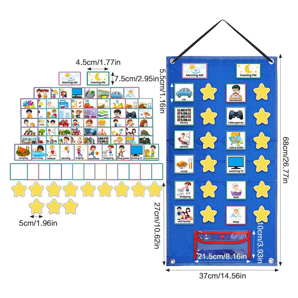 Standing Foldable Visual Schedule Chart for Kids Home School Wall Hanging with 72 Preprinted Cards 12 Star Cards Dry Erase Pen