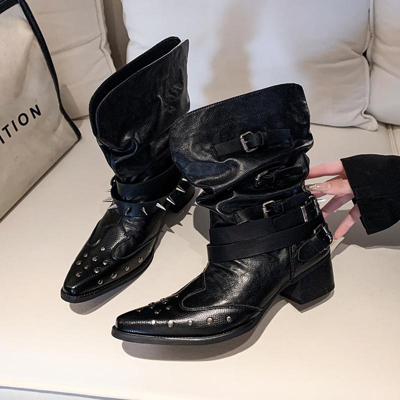 Fashion Punk Sle Ro Gothic Knight Boots Woman Rivet Chic Girls Pointed Toe High Top Boots Leather Inner Material Rubber Outsole Shoes