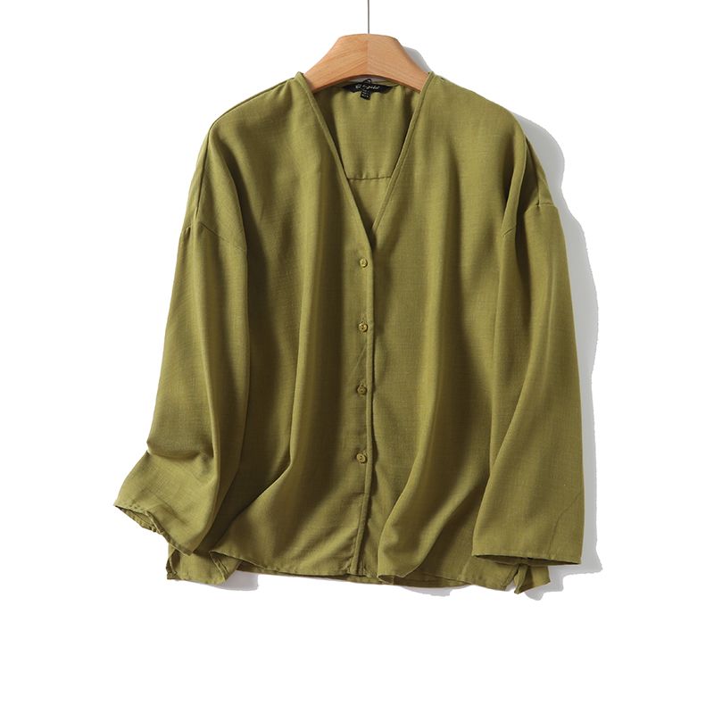 

MD Women clothes French style Leisure Idle Style Sense of Relaxation Top Lightweight V-neck Long sleeve Shirts 05139945357 Green L