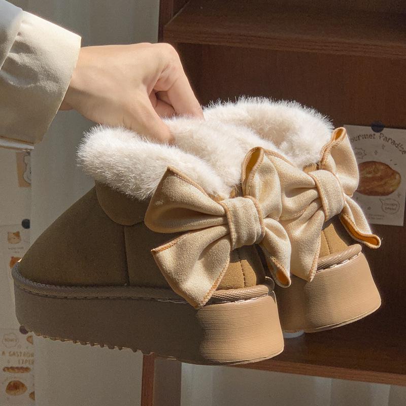 Women's Thick-Soled Cotton Slippers - Autumn/Winter Warm Velvet Snow Boots with Bow - Indoor/Outdoor All-Inclusive Heel.