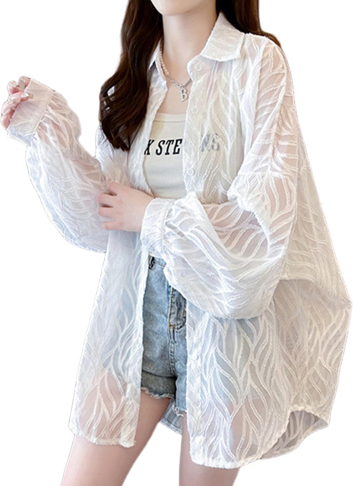 

MRLuse Прозрачный Легкий Летний Свободный и С Длинным Рукавом Стильный и Легкий в Носке Верхняя одежда для и Воздушный Летний Повседневный Открытый Прозрачный Рубашка, Кардиган, белый