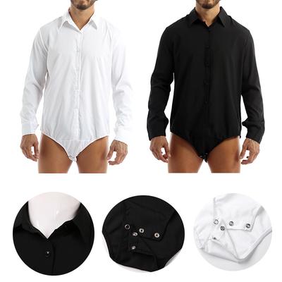 Men‘s Casual One-Piece Shirt Bodysuit: Turn-Down Collar Long Sleeve Button Down Solid Color Top for Everyday Wear