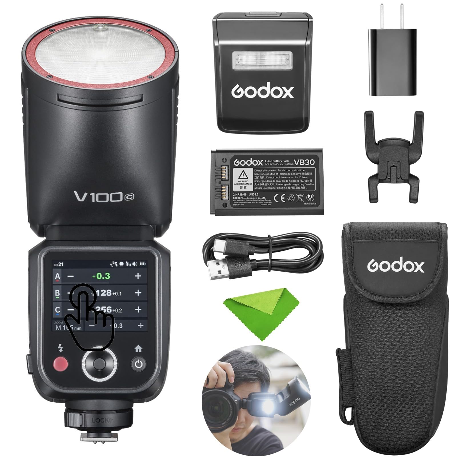 

Авторизований спалах Godox V100C 100 Вт TTL для Canon із зовнішнім сенсорним екраном, час перезарядки повної потужності 400 [дилер Godox] Камери V100-C, 2,4G