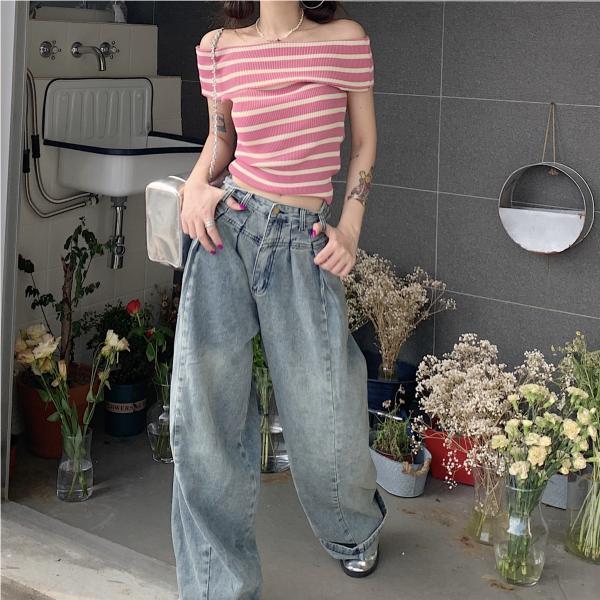 Striped Off Shoulder Sweater For Women With Slim Fit Short Sleeve Knit Top