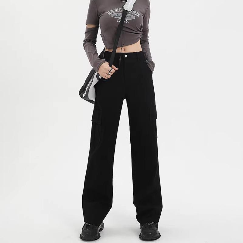 

Женские брюки карго с высокой посадкой для миниатюрных - Весенне-осенний свободный драпированный стиль с широкими штанинами 4XL чёрный