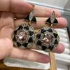 Medieval Vintage Black Gemstone Earrings, Simple Retro Premium Earrings, Crystal Diamond Enamel Earrings.