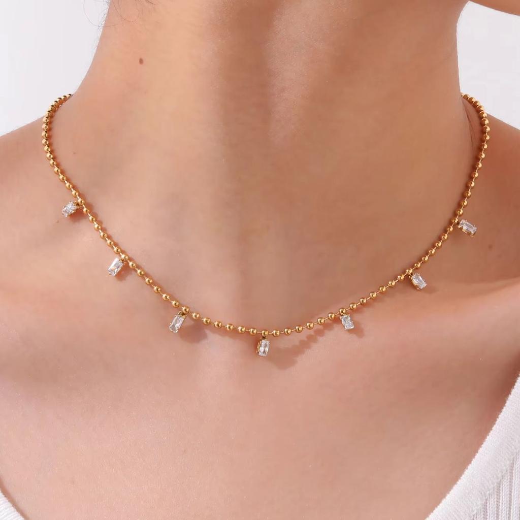 Stainless Steel 7 White Square Zircon Necklace Pendant Wave Bead Chain Gold Color Choker Necklaces Fashion Jewelry Gifts