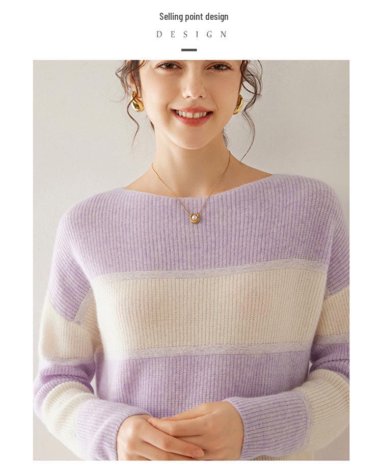 Women's Off-Shoulder Striped Cashmere Sweater - Long Sleeve Knit Pullover
