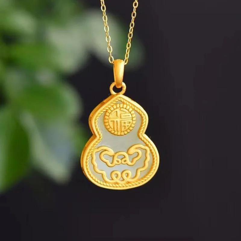Original Design Natural Hetian White Jade Ping An Ruyi Gourd Pendant Necklace Unique Ancient Gold Craft Charm Ladies Jewelry