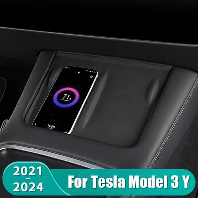 Für Tesla Model 3/Y Kabelloses Lade-Silikonpad Kohlefaser Mittelkonsole Rutschfester Lade-Schutzmatte Autozubehör