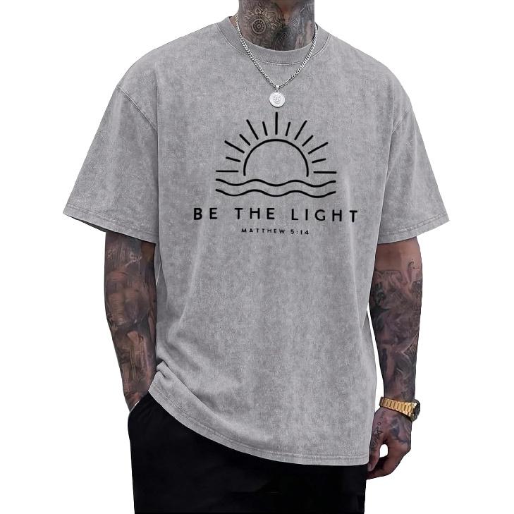 Christian Be The Light Shirts for Men Jesus God Faith Religious Bible Verse T Shirt Oversized Acid Wash Graphic Tees