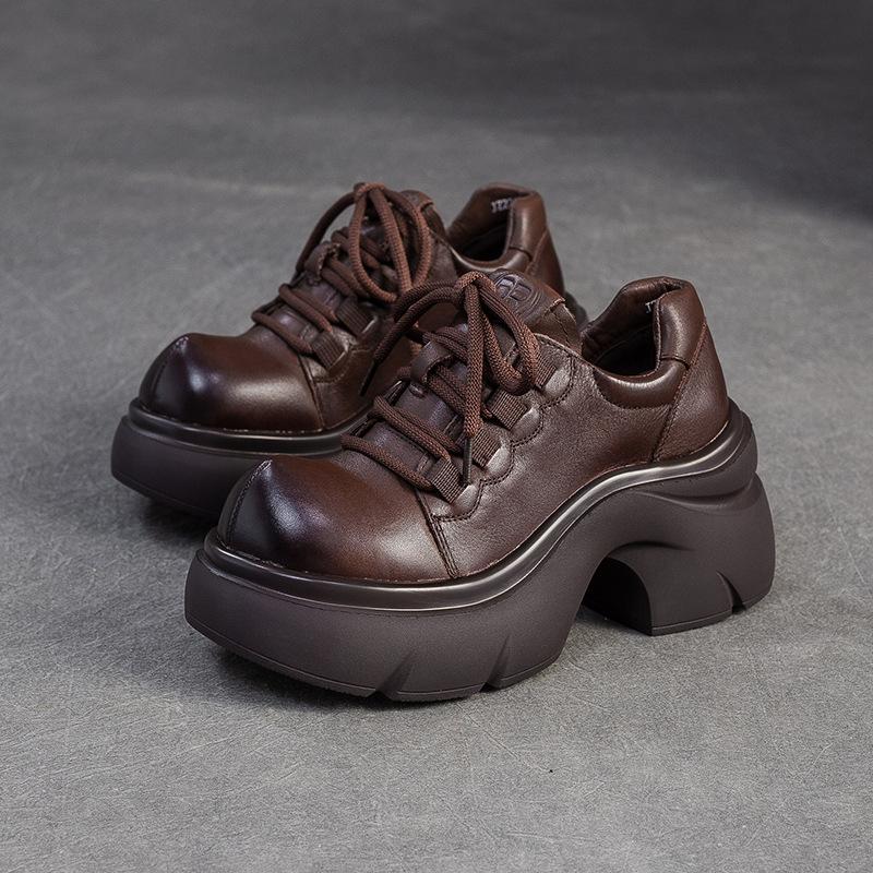 Johnature Genuine Leather Thick Soled High Heel Pumps Versatile Retro Round Toe Lace-up Women's Platform Shoes