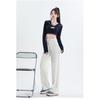 Women High Waisted Beige Straight Leg Jeans Spring Autumn Korean Style Wide Leg Pants Slim Fit V Line Stitching