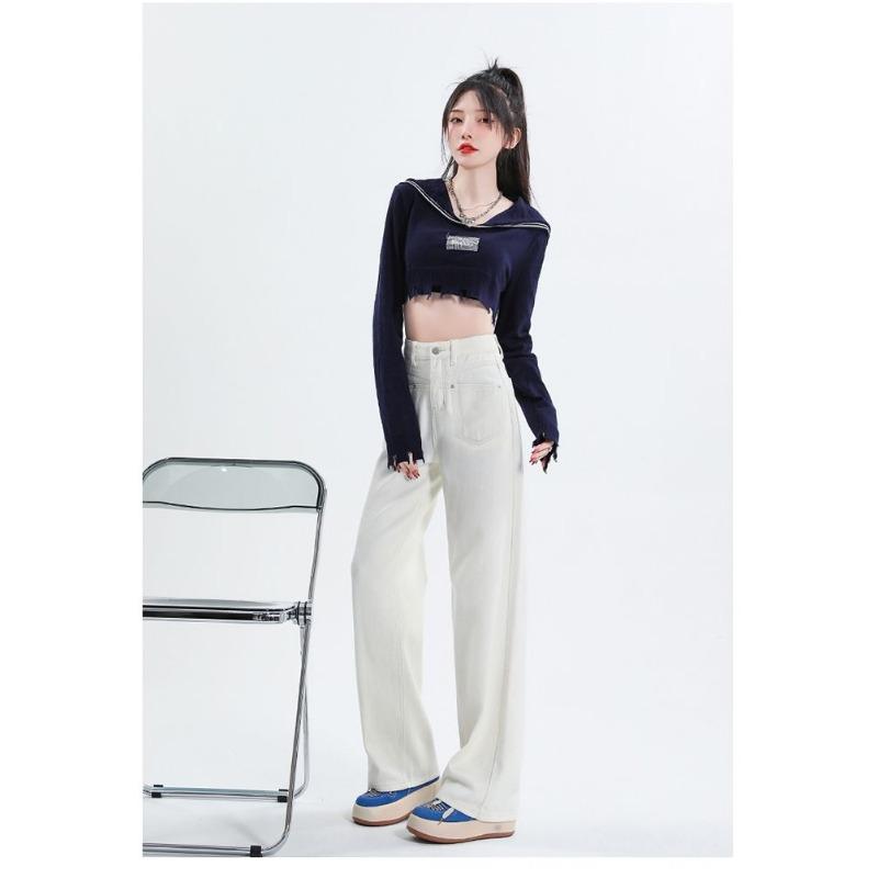 Women High Waisted Beige Straight Leg Jeans Spring Autumn Korean Style Wide Leg Pants Slim Fit V Line Stitching
