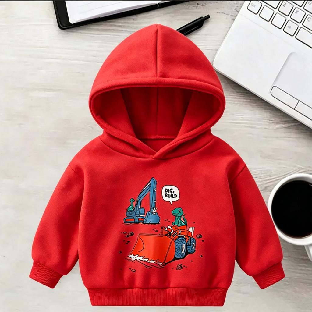 Fashion mechanical engineering vehicle printed children's sweatshirt-comfortable and warm,everyday hooded top for boys and girls