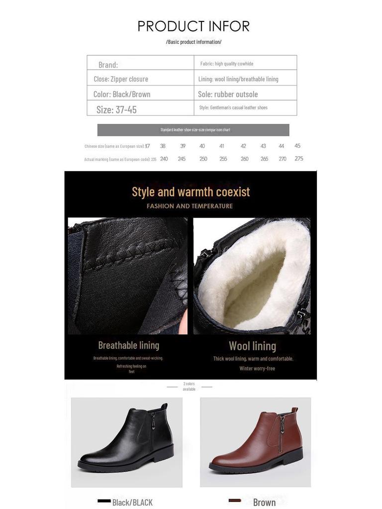 Herrskor med högt skaft i äkta läder och ull, tjockt kohudssammet, avslappnade kängor för höst/vinter