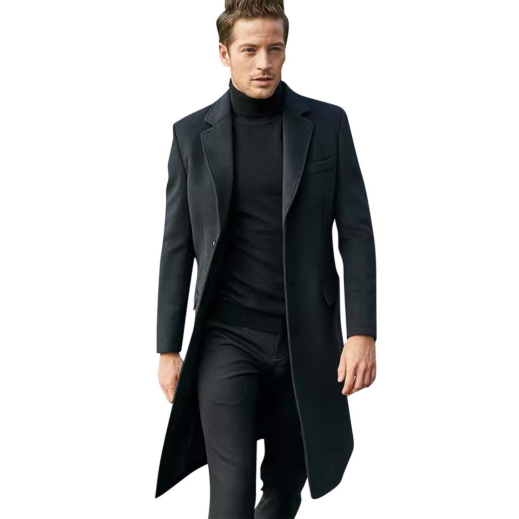 Men's Long Solid Color Single Breasted Long Sleeved Wool Coat Casual Slim Trendy Windbreaker