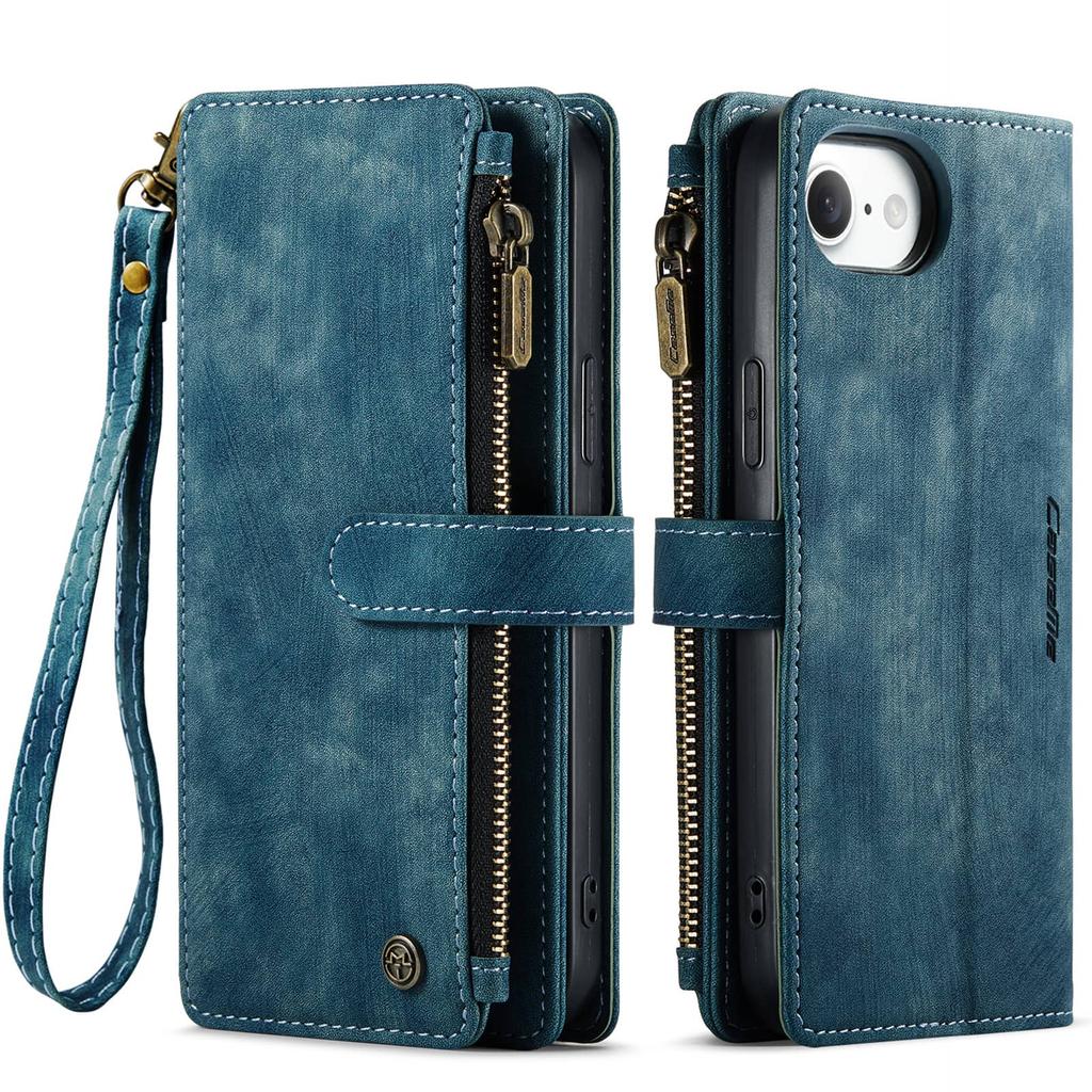 For iPhone 17e PU Leather Wallet Case Magnetic Flip Cover Zipper Card Holder Credit Card Slots Wrist Strap Kickstand Shockproof