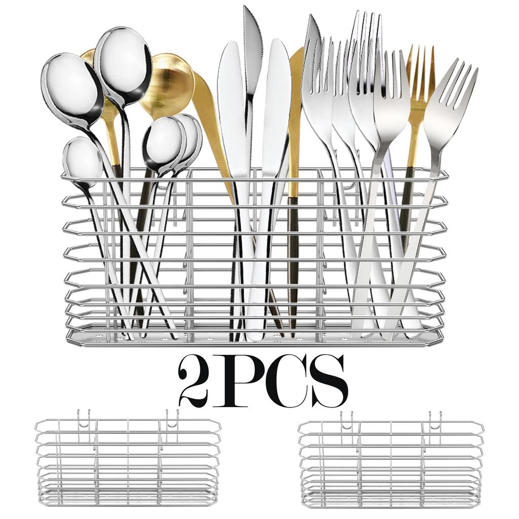 2Pcs Stainless Steel Kitchen Cutlery Hanging Basket Quick Drying Compartmental Utensil Drainage Rack Rustproof Kitchen Supplies