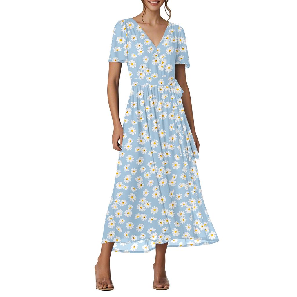 Women's Summer Floral Bohemian Dress Wrap V Neck Short Sleeves Ruffle A-Line Flowy Maxi Dress Summer Dresses For Women