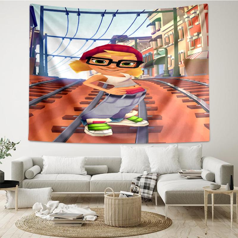 Gobelin z nadrukiem Subway Surfers, Tło, Łatwy montaż, Idealny do sypialni, biura i salonu, z estetycznym dekoracyjnym zawieszeniem na ścianę.