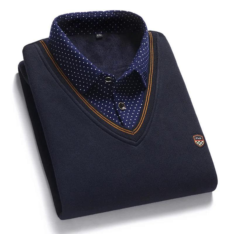 

Чоловічий светр на флісовій підкладці Осінньо-зимовий пуловер з коміром поло Імітація двох частин Товстий теплий топ Одяг Повсякденний трикотаж 2XL