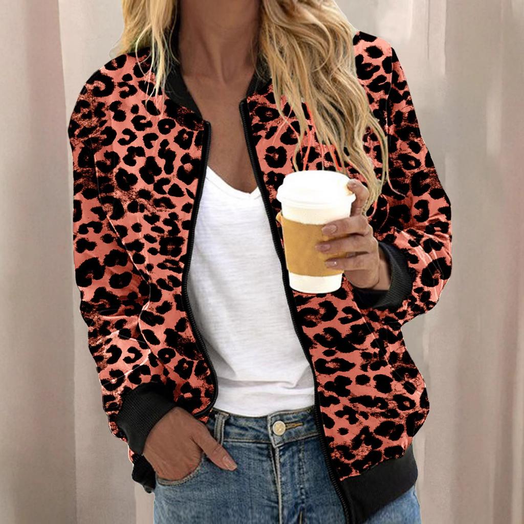 Autumn new European and American leopard print stand-up neck zipper cardigan jacket