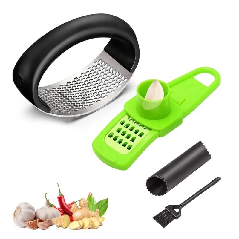 Stainless Steel Garlic Press Set - Upgraded Manual Garlic Press, Compact Household Kitchen Tool