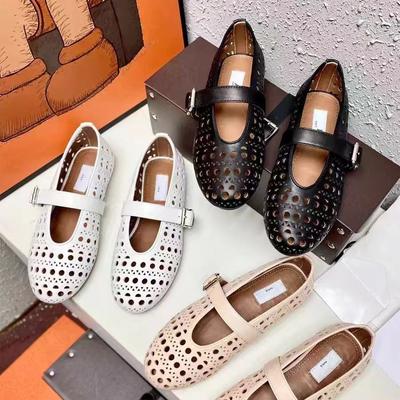 2025 Spring and Summer Shallow Mouth Dancing Single Shoes One-word Buckle Belt Hollow Round Head Flat Bottom Ballet Boat Shoes Design Flat Heel