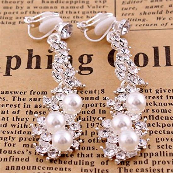 Long Pearl Bijou Earrings 1 Pair Silver 2 Pieces Left and Right Set Zirconia Crystal Ear Clip Charm Rhinestone / (color) CP158/SP