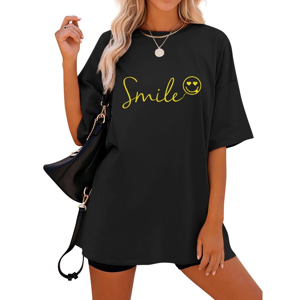 Tricou de damă cu mânecă scurtă, cu imprimeu lejer și mânecă scurtă, cu guler rotund și umăr căzut