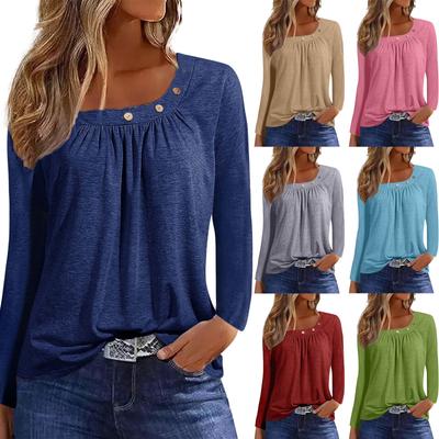 Blusas de manga comprida para mulheres Casual O-pescoço Botão Down Camisa Blusa Sólida Tops Solto Ajuste Outono Camisa Top
