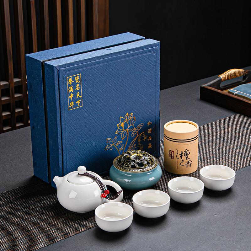 Guochao Ceramic Tea Set, One Pot, Two Cups and Four Cups Travel Gift Box Set.