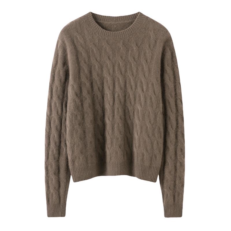 Women's Round Neck Cable Knit Cashmere Sweater - Thickened and Loose Fit for Autumn/Winter