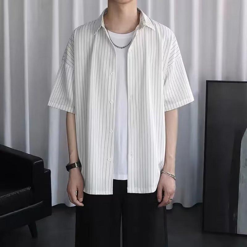 Summer Striped Short Sleeved Shirt For Boys, Trendy Couple, Harajuku Design, Five Quarter Sleeve Drape Shirt