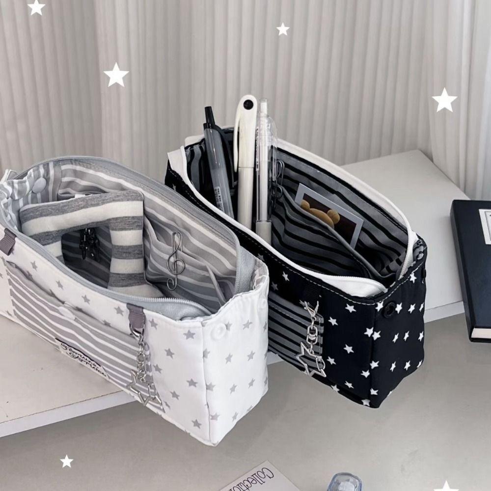 Printed Pencil Storage Bag Striped Zipper Stationery Pouch Trendy Star Pencil Case  Back To School