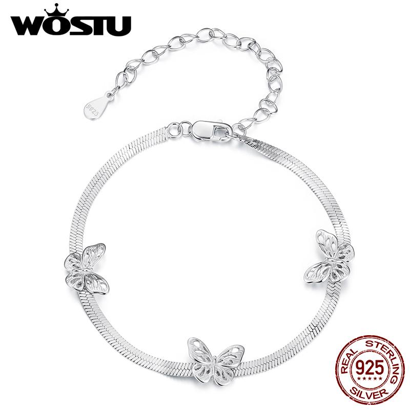 WOSTU 925 Sterling Silver Hollow Butterfly Bracelets for Women Korean European Style Flat Snake Chain Bangle Chain Links Gift